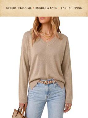 Wool Blend Oversized V Neck Pullover Sweater Long Sleeve Split Hem